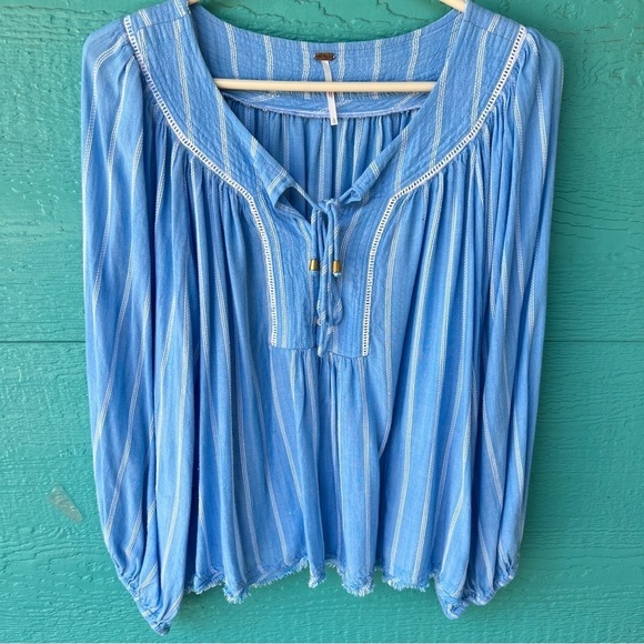 FREE PEOPLE BOHO FLOWY SKY BLUE AND WHITE STRIPED BALLOON SLEEVES TOP SI… - Picture 4 of 10